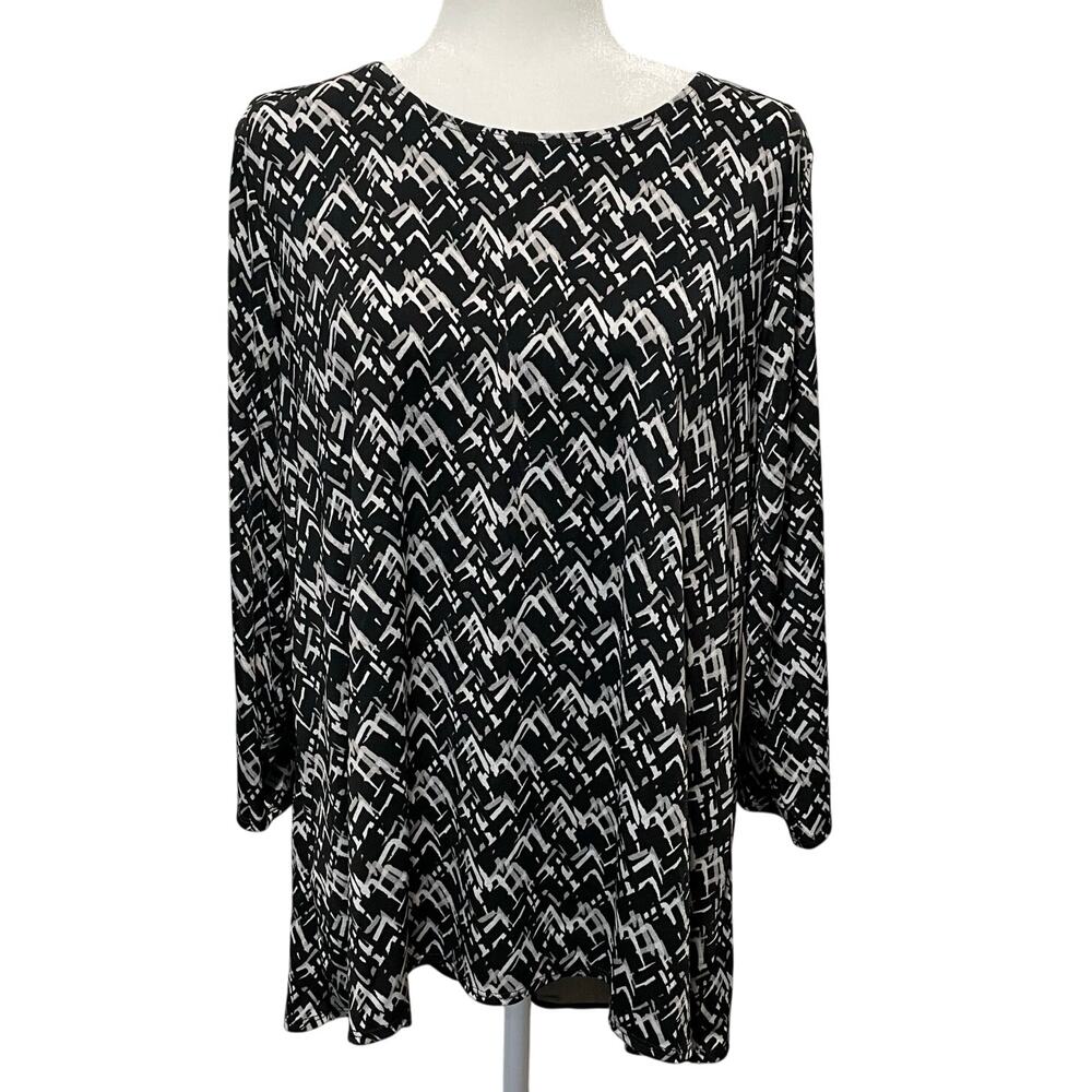 Coldwater Creek Tunic Top Split Back Sz L Geometric Print Black Gray Stretch